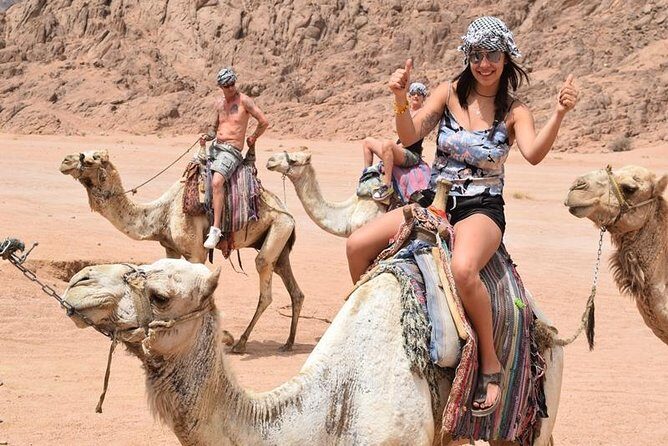 Smiling rider giving a thumbs up on a camel in the Sinai desert with other camels behind