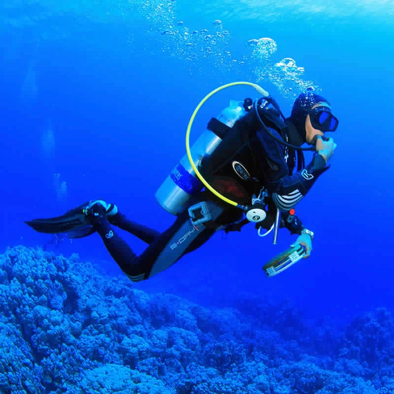Gerätetaucher mit Flasche und Atemregler schwebt über einem Korallenriff im tiefblauen Wasser